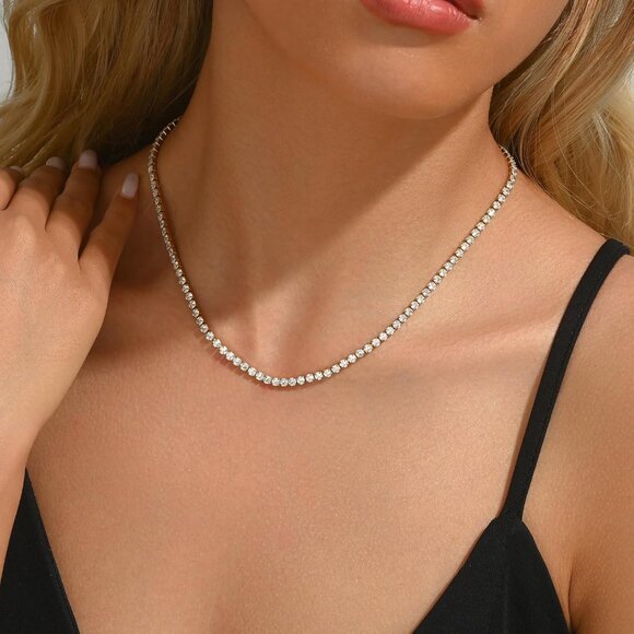 ⚡JotCa 18K Gold Plated Tennis Necklace Dainty Diamond Choker Bridal Jewelry - Picture 2 of 7